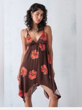 Women's Brown Red/Coral Floral Dress With Crisscross Back Size XS